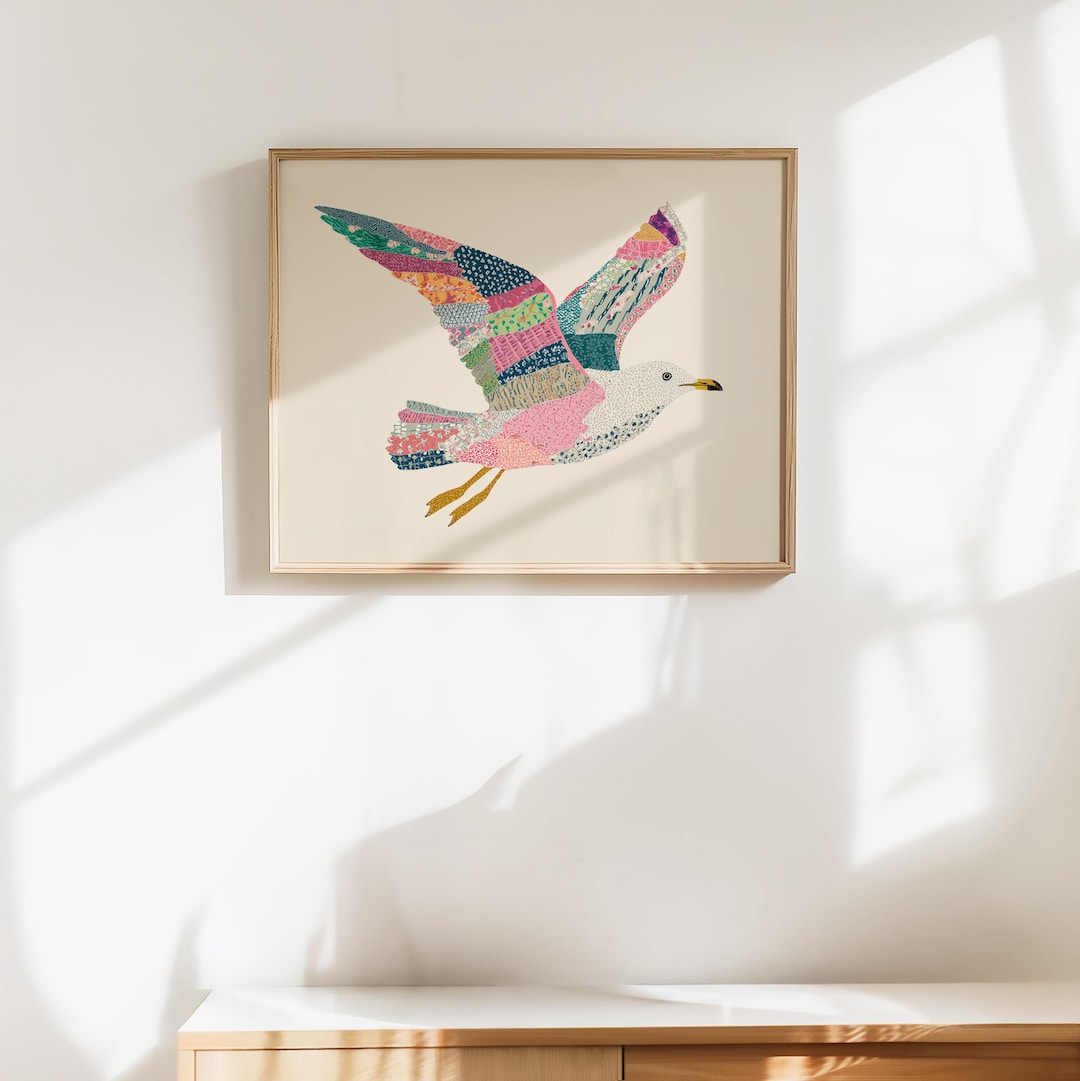 Seagull Art Print | Whimsical Coastal Bird Wall Art | Patchwork Beach ...