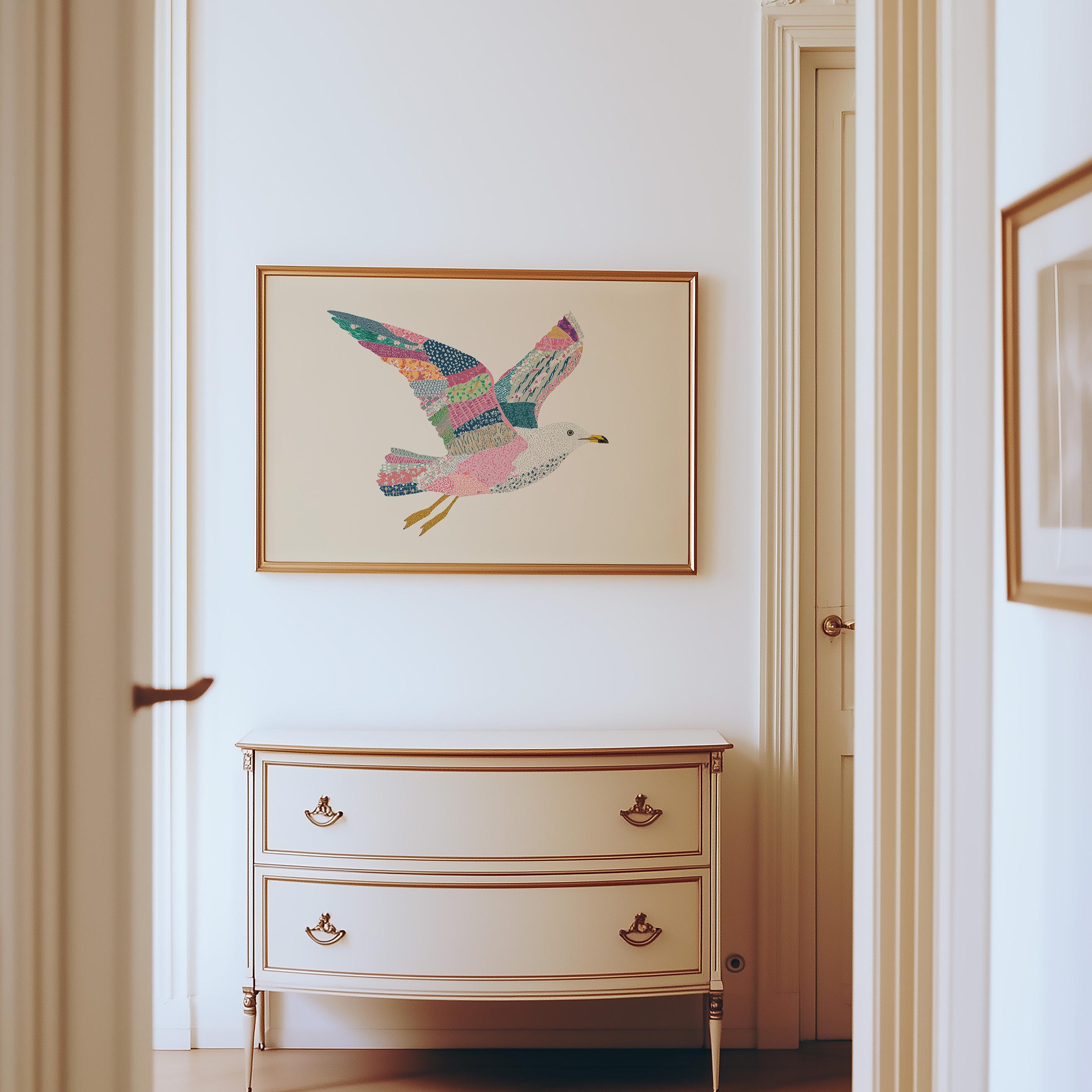 Seagull Art Print | Whimsical Coastal Bird Wall Art | Patchwork Beach ...
