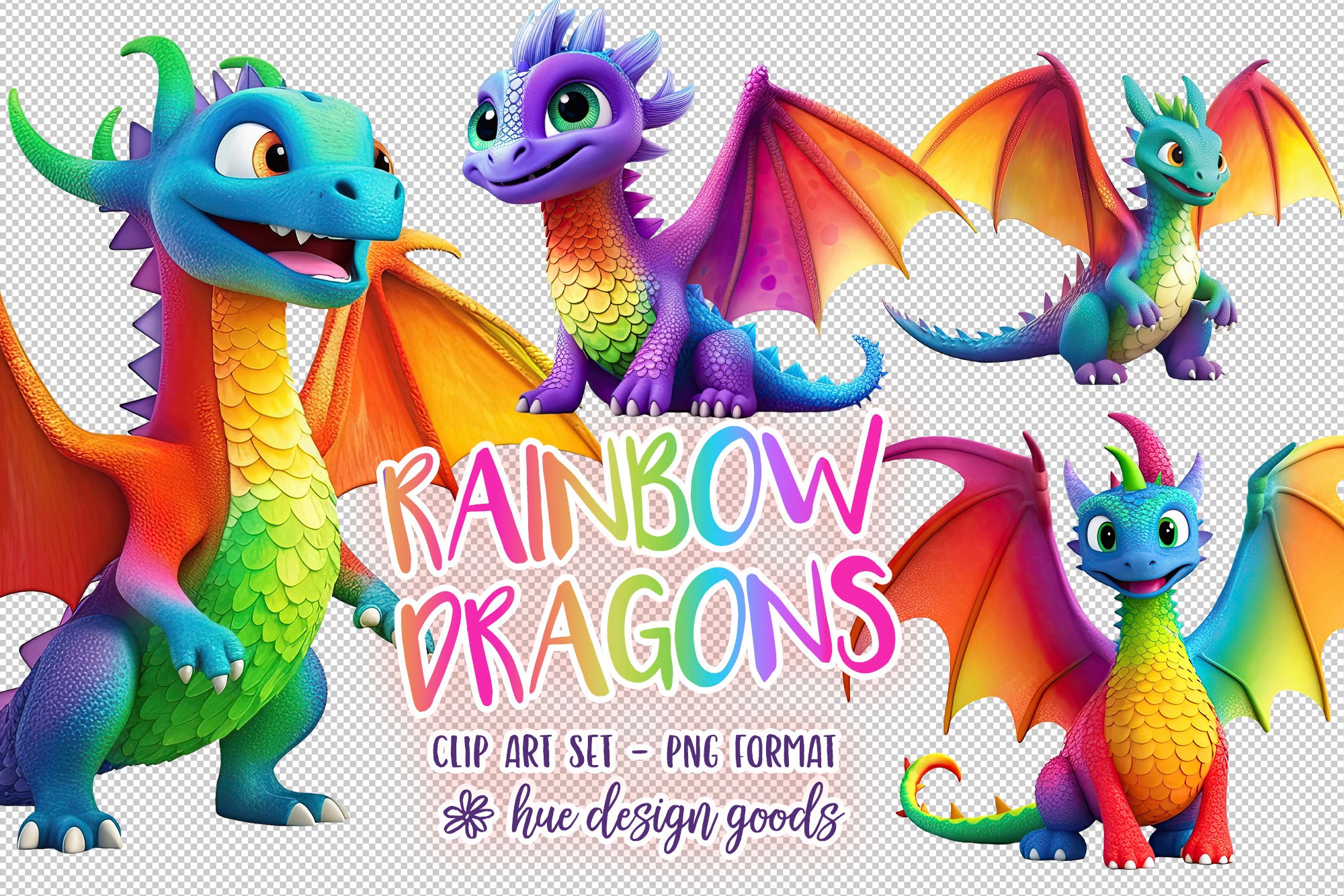 Rainbow Dragons Sublimation Clipart Cute Dragon Clip Art for Kids