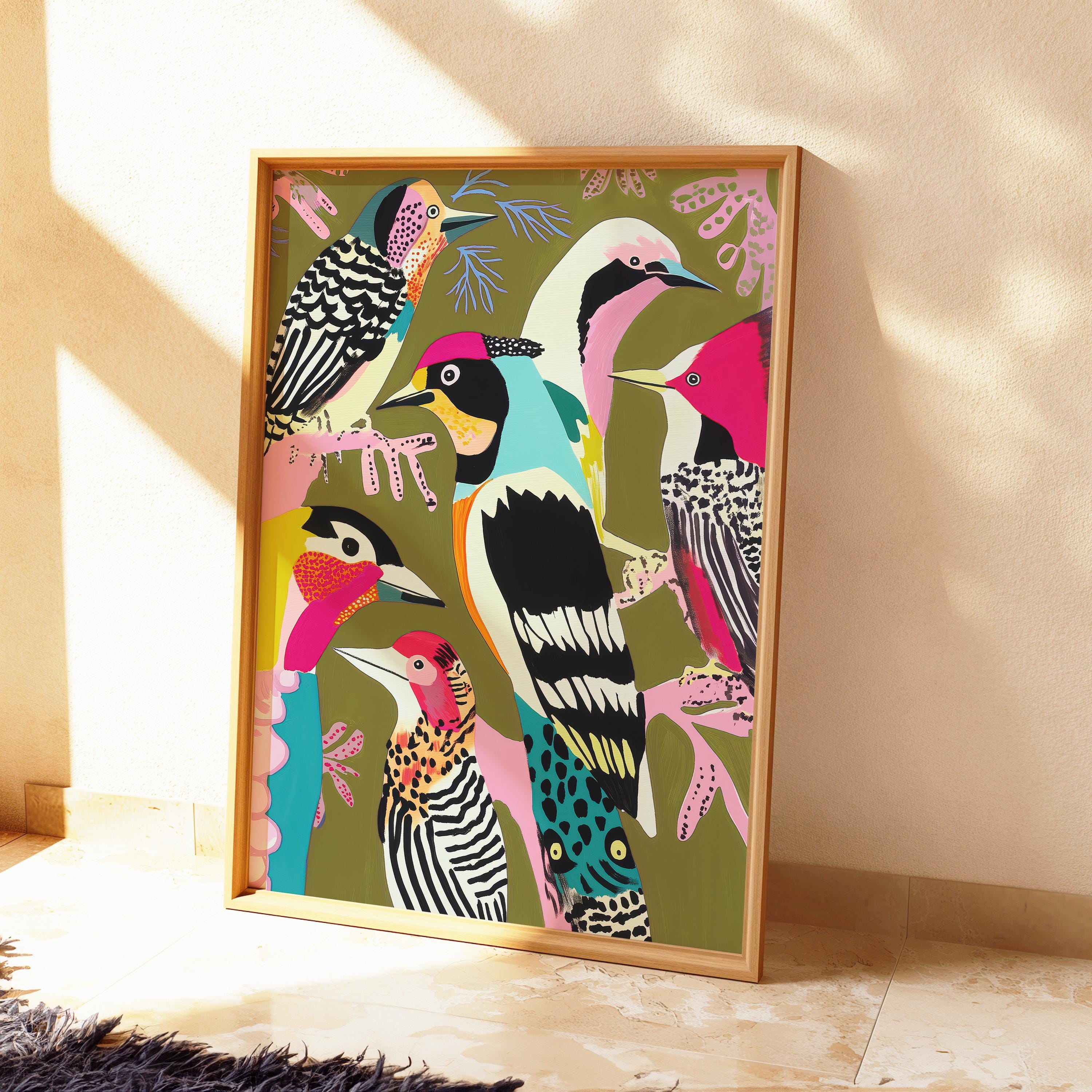 Colorful Designer Birds Art Print – Modern Maximalist Wall Art With ...