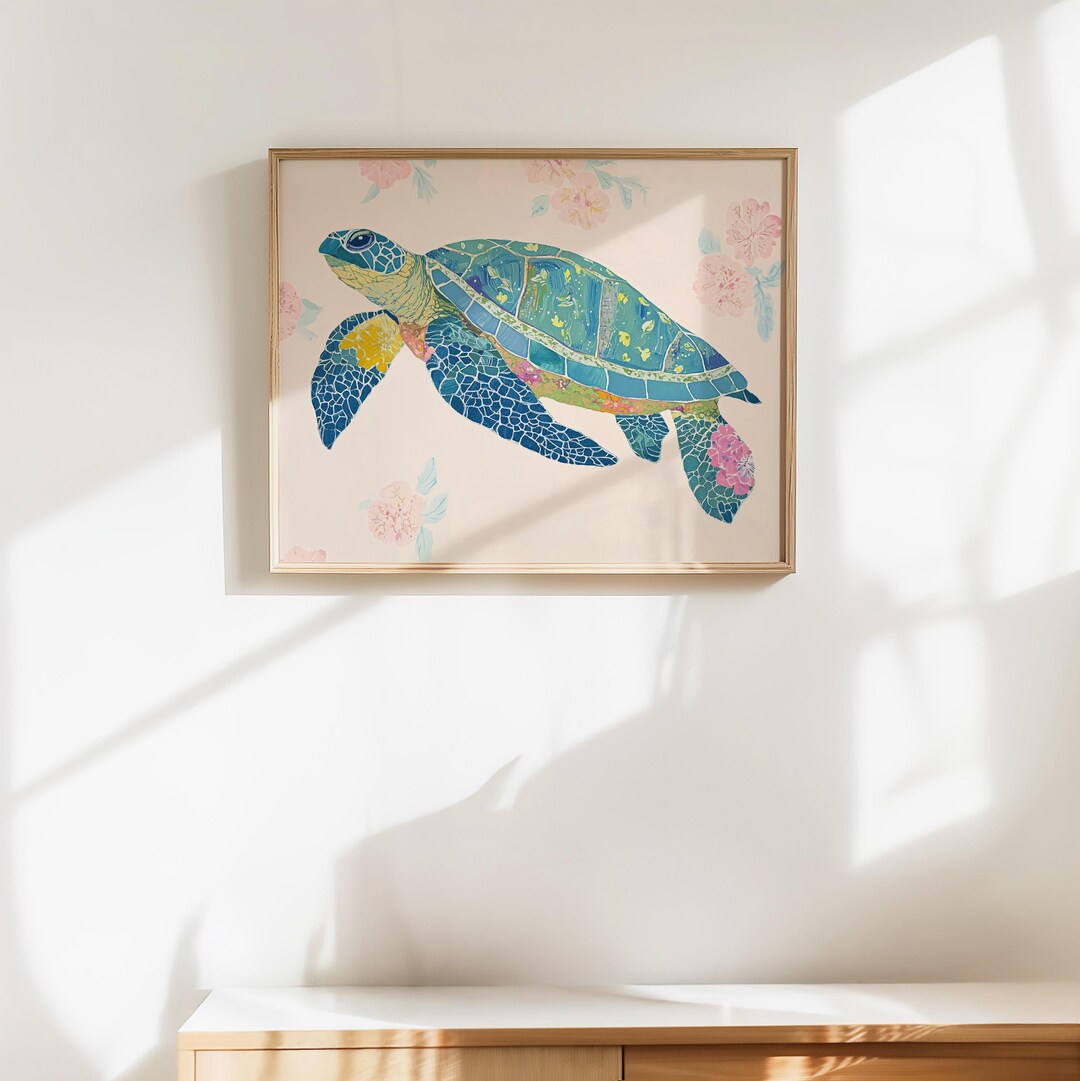 Floral Sea Turtle Art Print | Whimsical Coastal Wall Art Poster for ...