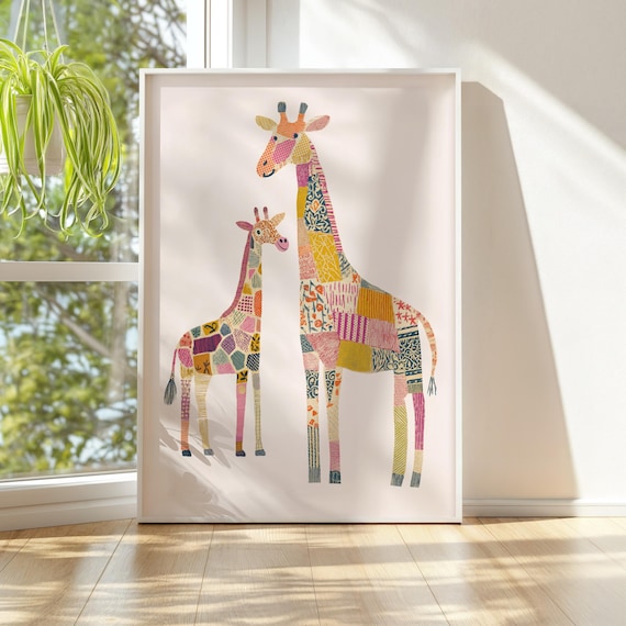 Whimsical Patchwork Giraffe Art Print – Colorful Boho Animal Wall Art for Nursery or Kids Room Decor