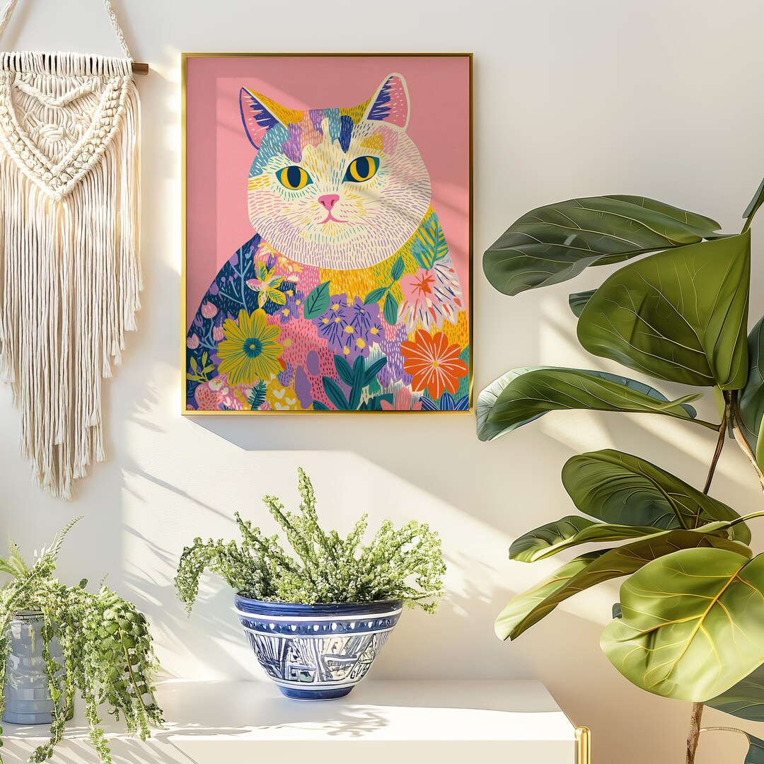 Colorful Floral Cat Art Print – Whimsical Botanical Cat Illustration ...