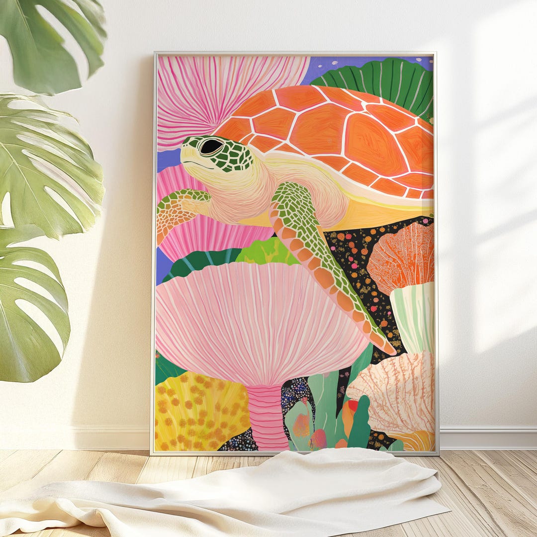 Sea Turtle Art Print | Colorful Coral Reef Wall Art | Cute Coastal ...