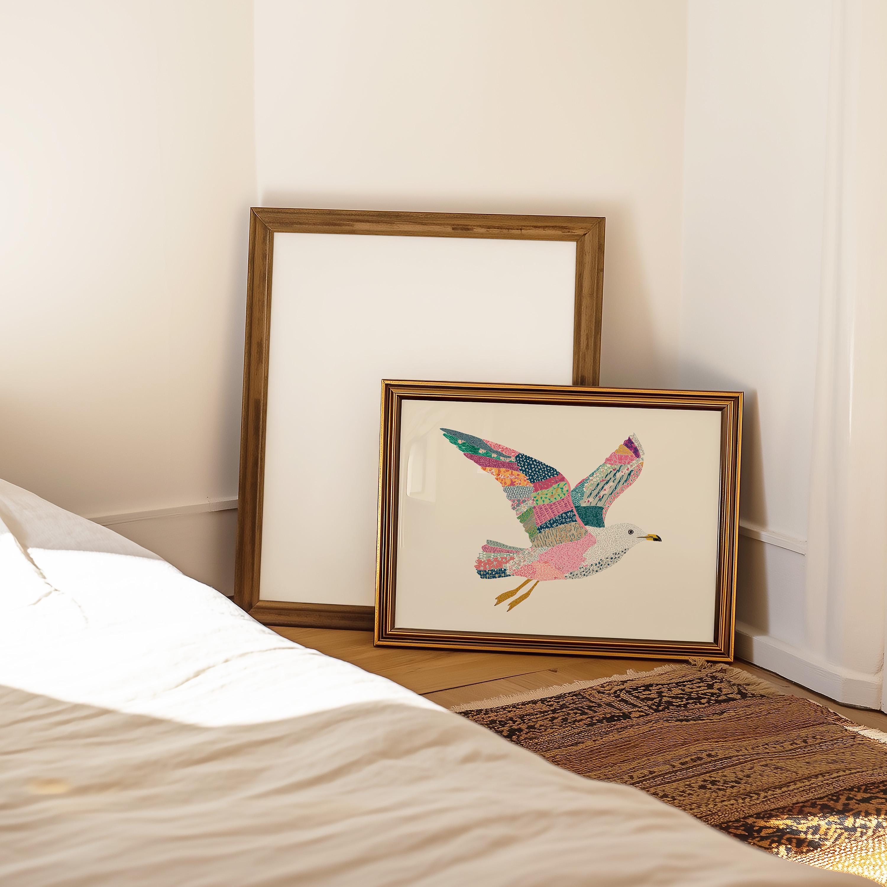 Seagull Art Print | Whimsical Coastal Bird Wall Art | Patchwork Beach ...