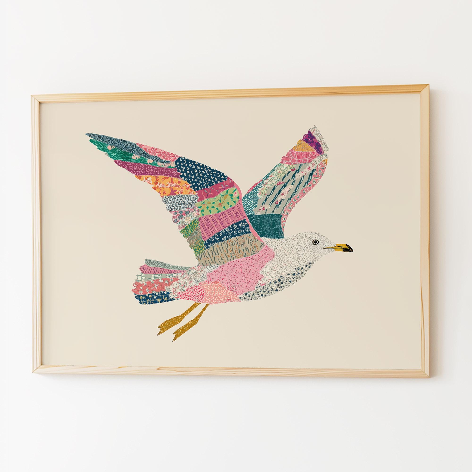 Seagull Art Print | Whimsical Coastal Bird Wall Art | Patchwork Beach ...