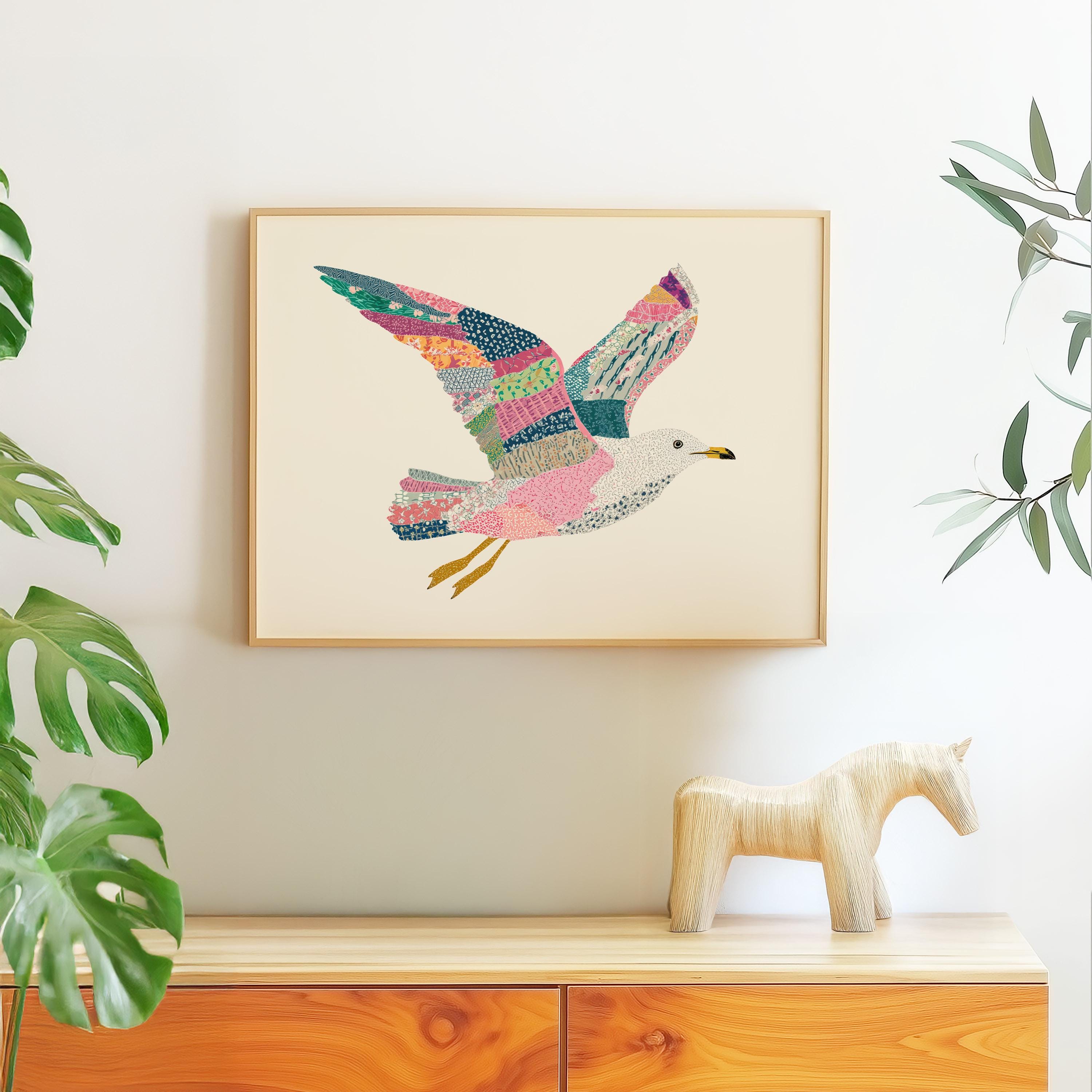 Seagull Art Print | Whimsical Coastal Bird Wall Art | Patchwork Beach ...