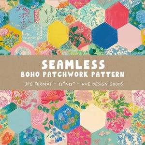 May include: Seamless Boho Patchwork Pattern in a hexagonal design. The pattern features a variety of floral and botanical elements in a vibrant color palette of pink, blue, yellow, and red. The text "SEAMLESS BOHO PATCHWORK PATTERN" is displayed.