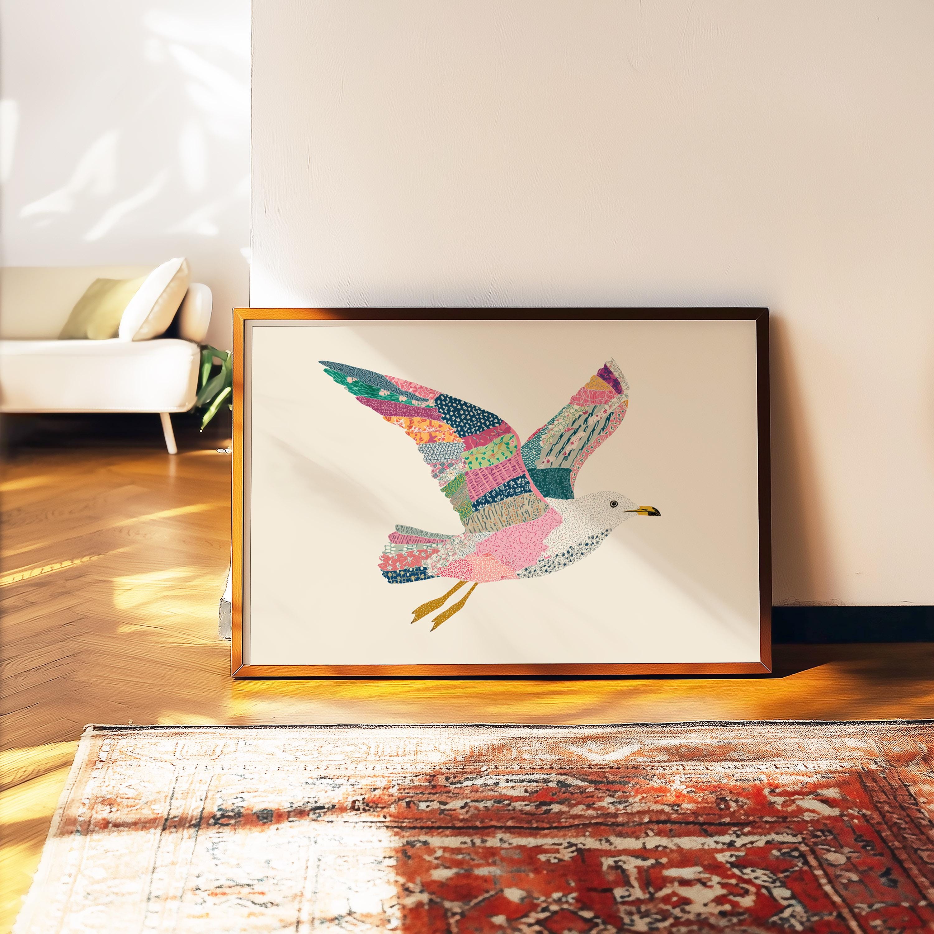 Seagull Art Print | Whimsical Coastal Bird Wall Art | Patchwork Beach ...