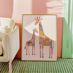 May include: A framed art print featuring two giraffes with patchwork patterns in various colors. The larger giraffe has a yellow, orange, and pink design, while the smaller one has a purple, pink, and brown design. The background is a soft pink.