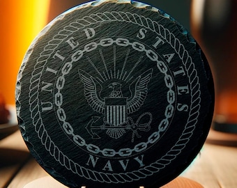 Engraved Slate Navy Emblem Coaster, Patriotic Bar Decor