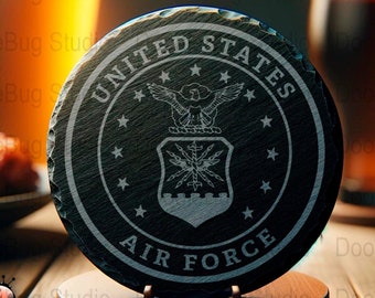 Unique Air Force Emblem Slate Coaster, Patriotic Drinkware Accessory, Military Gift, Stone Coaster, Valentine's Gift, Home Bar Decor