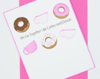 Tarjeta de café y donas hecha a mano / Nos unimos como el café y las donas / Linda tarjeta de amor o amistad / Aniversario, San Valentín