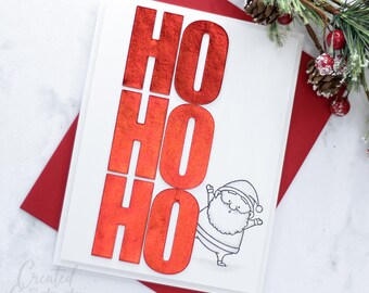 Tarjeta navideña de Papá Noel HO HO HO / Tarjeta festiva hecha a mano con texto rojo llamativo / Tarjeta de felicitación festiva y divertida de Papá Noel