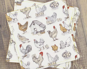 Posavasos de tela con diseño de gallinas de granja, decoración de cocina rústica, algodón, tapete para taza, juego de 6