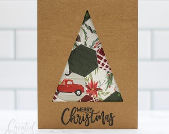 Tarjeta navideña rústica con patchwork / Tarjeta recortada con un árbol hecha a mano / Tarjeta de felicitación navideña vintage