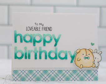 Tarjeta de feliz cumpleaños para un amigo adorable / Linda tarjeta hecha a mano con animales adorables / Tarjeta de cumpleaños verde azulado ombré
