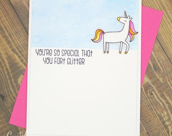 Tarjeta de unicornio divertida hecha a mano / Eres tan especial que tiras pedos de purpurina / Linda tarjeta de felicitación de unicornio arcoíris / Amistad, cumpleaños o simplemente porque sí