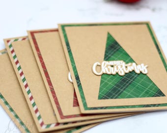Juego de 4 tarjetas navideñas rústicas / Tarjetas navideñas Kraft hechas a mano con recorte de árbol a cuadros y rayas / Navidad vintage