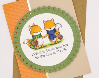 Tarjeta de felicitación hecha a mano de pareja de zorros / Quiero reír contigo por el resto de mi vida / Tarjeta de aniversario, San Valentín o amor / Otoño