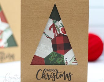 Juego de tarjetas navideñas rústicas con diseño de patchwork (juego de 3) / Tarjetas recortadas con árboles hechas a mano / Tarjetas de felicitación navideñas vintage