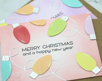 Tarjetas de Feliz Navidad y Feliz Año Nuevo (paquete de 2) / Tarjeta de felicitación navideña hecha a mano con luces de colores / Festiva y alegre