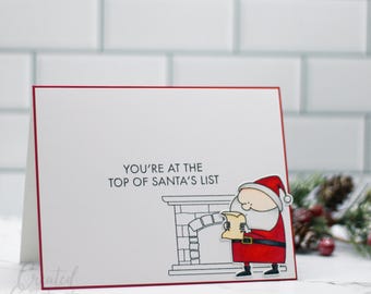 Tarjeta navideña con la lista de Papá Noel / "Estás en la cima de la lista de Papá Noel" / Tarjeta de felicitación navideña hecha a mano / Linda tarjeta de Papá Noel / Rojo festivo de Navidad