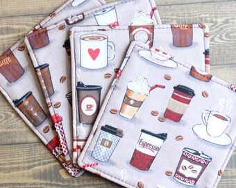 Coffee Lover Fabric Coaster | Cotton | Mug Rug | Drink Mats with Espresso & Latte Print | Coffee Bar Decor | Set of 4