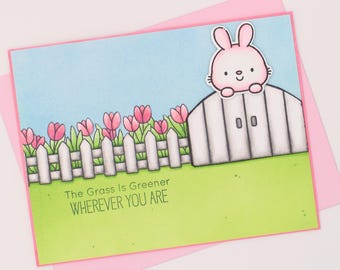 Tarjeta de felicitación de conejito hecha a mano / La hierba es más verde dondequiera que estés / Linda tarjeta de primavera / Tarjeta de amistad, amor o pensando en ti