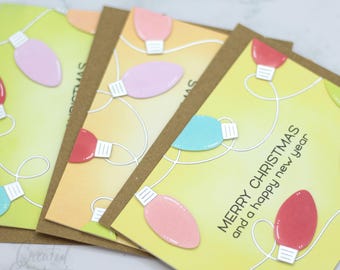 Tarjetas de Feliz Navidad y Feliz Año Nuevo (paquete de 3) / Tarjeta de felicitación navideña hecha a mano con luces de colores / Festiva y alegre