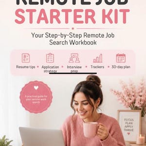 Könnte beinhalten: Ein digitales Arbeitsbuch mit dem Titel The Remote Job Starter Kit in Rosa und Weiß. Das Cover enthält Symbole für Lebenslauftipps, Bewerbungsstrategie, Vorstellungsgesprächsvorbereitung, Tracker und einen 30-Tage-Plan sowie den Text The WFH Master Queen.