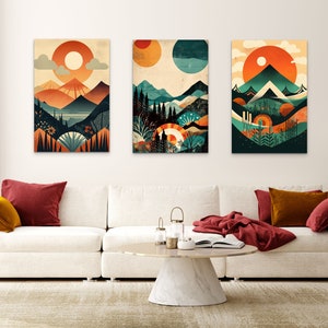 3-teiliges Leinwand Wandbild Sonne und Berg Illustration Druck Set Mid Century Modern Kunstwerk Boho Dekoration für Wohnzimmer