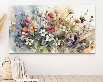 Wildflower Watercolor Canvas Print: Natural Wood Frame