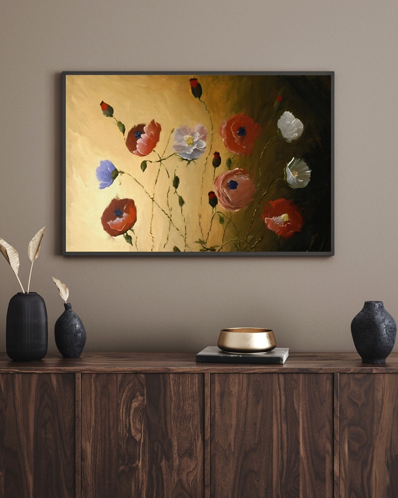 Vintage Flower Painting, Floral Art Print, Landscape Painting, Vintage Flower Field, Antique