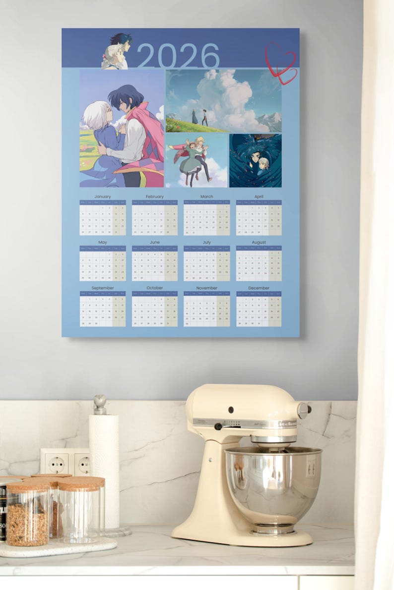 May include: A 2026 calendar featuring anime-style artwork. The calendar has a light blue background with images and dates for each month. The top of the calendar has the number "2026" and several anime-style illustrations.