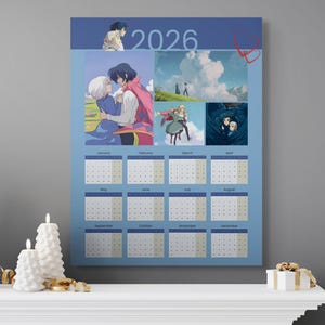 May include: A 2026 calendar featuring anime-style illustrations. The calendar has a light blue background with images and calendar grids for each month. The word "2026" is at the top. The images depict romantic scenes and characters.
