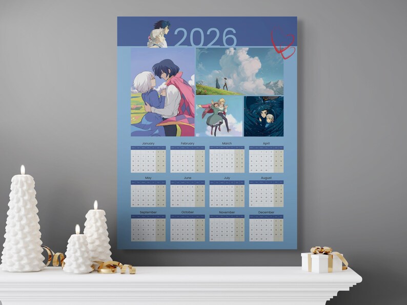 May include: A 2026 calendar featuring anime-style illustrations. The calendar has a light blue background with images and calendar grids for each month. The word "2026" is at the top. The images depict romantic scenes and characters.