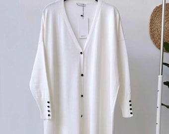 Elegant White Maxi Length Buttoned Mercerized Cardigan - Lightweight Knitwear for Women - Perfect for Casual & Formal Outfits,(KH-1804)