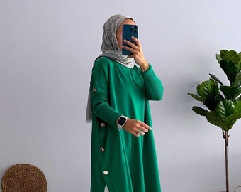 Elegant Green Poncho with Button Details, Versatile Women's Knitwear for Casual and Formal Outfits, Modest Fashion Staple,(KH-1311)