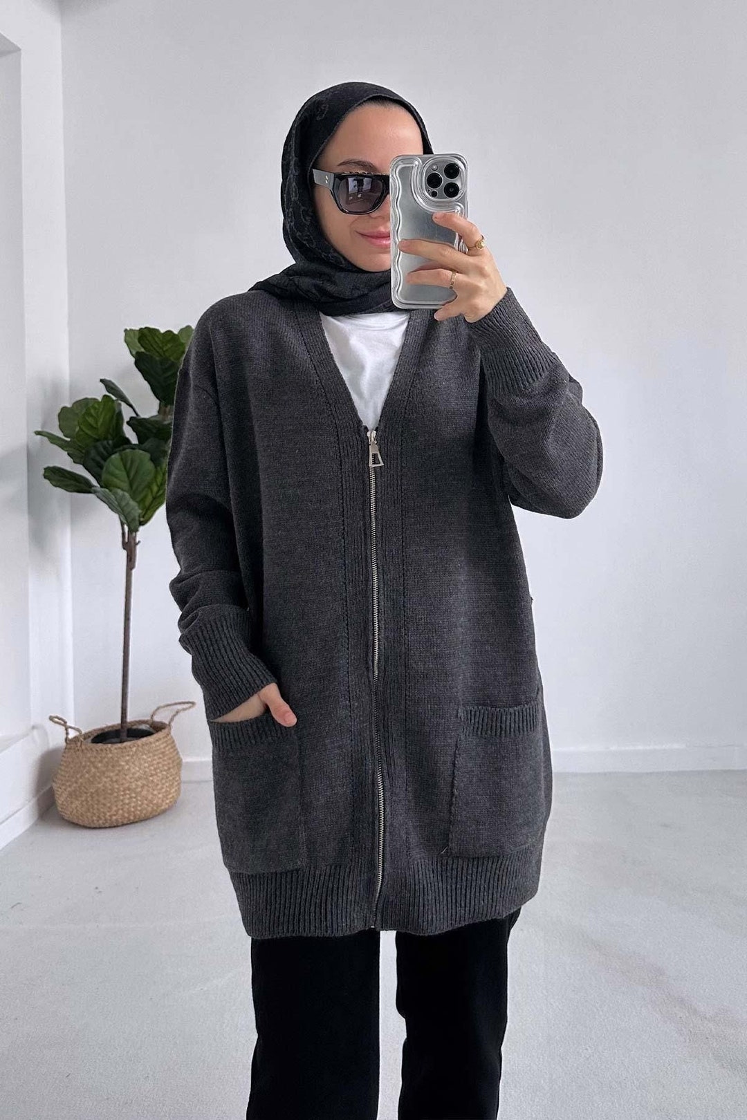 Anthracite Zippered Knitwear Cardigan With Pockets -stylish and