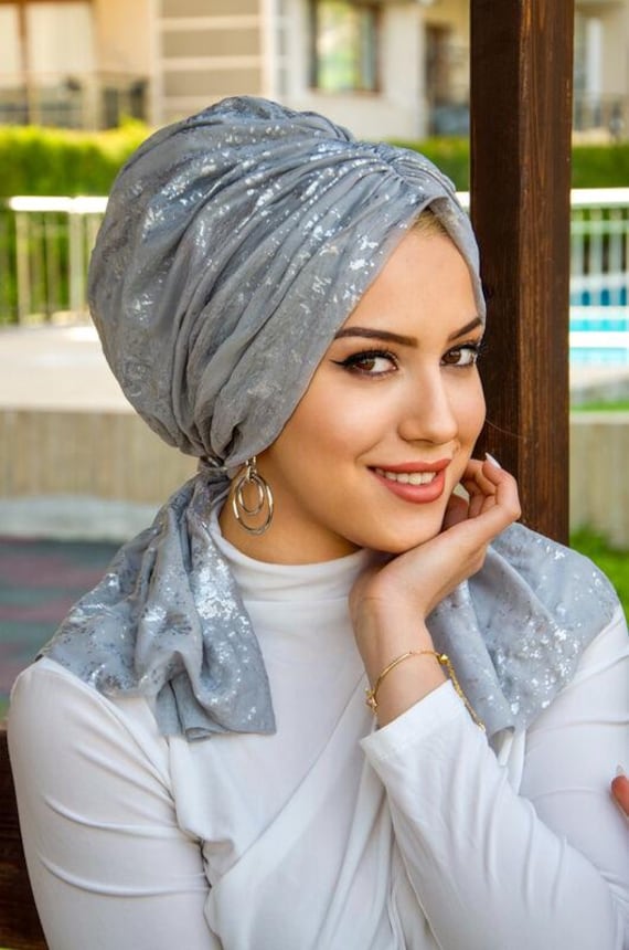 Silver Glitter Knit Bonnet Scarf: Pre-tied Turban Hijab
