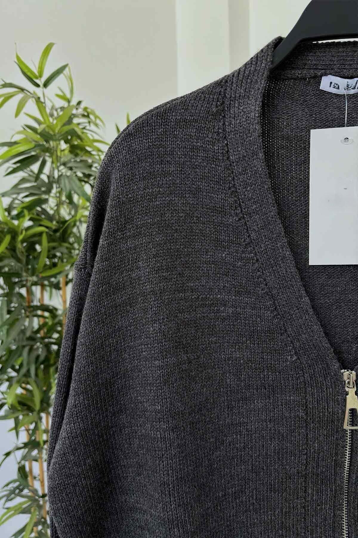 Anthracite Zippered Knitwear Cardigan With Pockets -stylish and