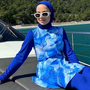 Siena Hijab Swimsuit - Modest Full-Coverage Swimwear - Quick Dry, UPF Protection, Burkini for Women, Islamic Swim Set - Blue,(KH-1952)