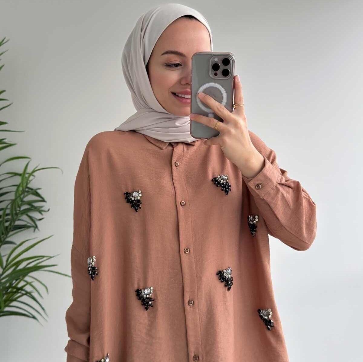 chinese dress ladies Tuba Long Tunic for Muslim Women  Modest Hidden Button Shirt, Elegant  Loose Fit Blouse, Hijab-Friendly Muslim Clothing,Beige, Size:M at Amazon  Women's Clothing store