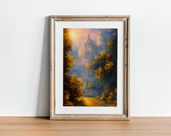A high castle in a serene landscape. Printable Wall Art. Digital Art. Landscape Art.