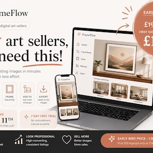 Herramienta para crear imágenes para anuncios de Etsy / Generador de maquetas de arte mural / Redimensionar, enmarcar y exportar imágenes en lote / Aplicación FrameFlow para vendedores de Etsy