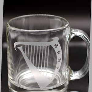 13 oz. Glass Mug with Celtic Harp and Shamrocks for coffee, hot cocoa, tea