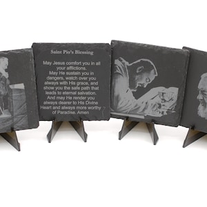 Padre Pio Depicted on Slate Coasters with Coaster Stand