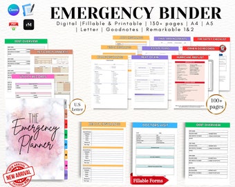 Digital Emergency Binder Planner, Fillable Printable PDF