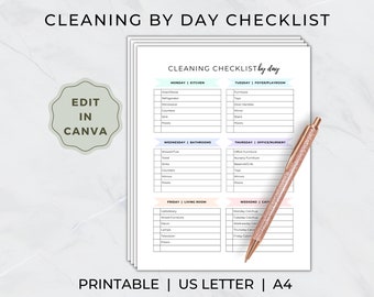 May include: Printable cleaning checklist with a pink, blue, and green color scheme. The checklist is divided into daily tasks for each room of the house, including the kitchen, foyer, bathroom, office, living room, and cat care. The text "CLEANING CHECKLIST by day" is at the top of the page. The text "EDIT IN CANVA" is in a circle on the left side of the page. The text "PRINTABLE | US LETTER | A4" is at the bottom of the page.